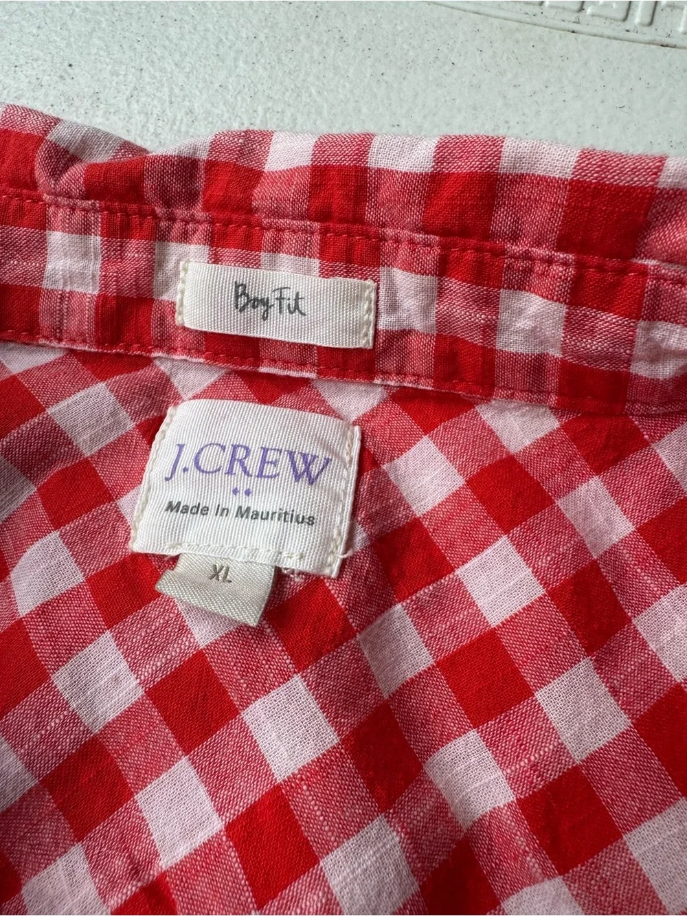 J Crew XL Red Gingham Boy Cut Button Down Shirt